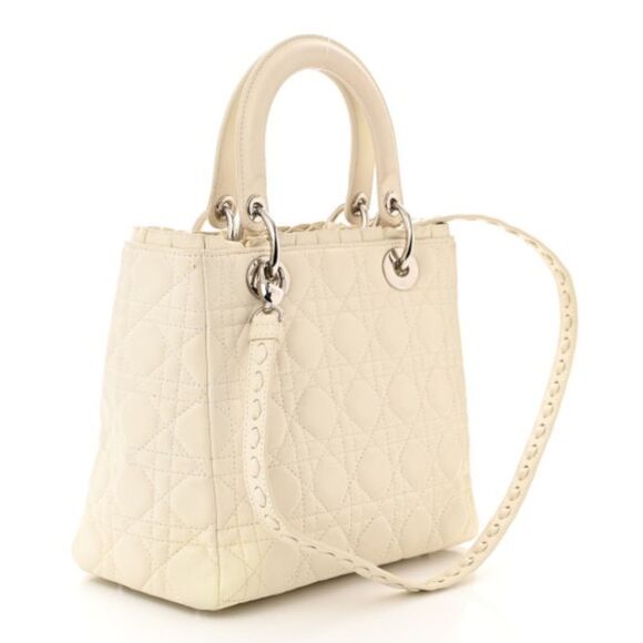 Authentic Christian Dior Lambskin Cannage Ruffle Trim Medium Lady Dior Off White - Picture 2 of 14